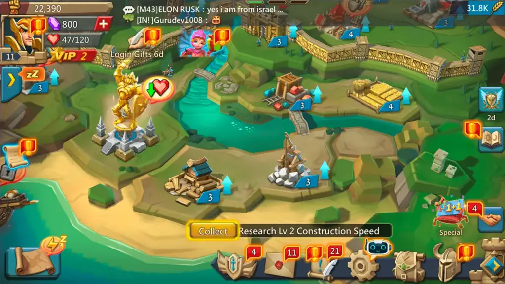 Een levendige interface van een strategiespel waarin een middeleeuws koninkrijk te zien is met kastelen, grondstoffen en een gouden standbeeld. Er zijn meldingen en taakpictogrammen zichtbaar